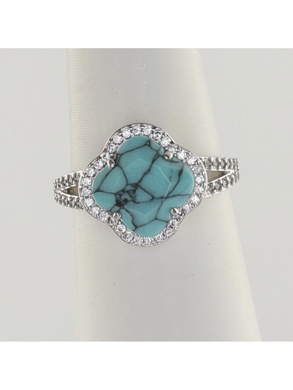 Bomb Party Clover Sz 8 "Coastal Goddess" Turquoise on Rhodium RG95988